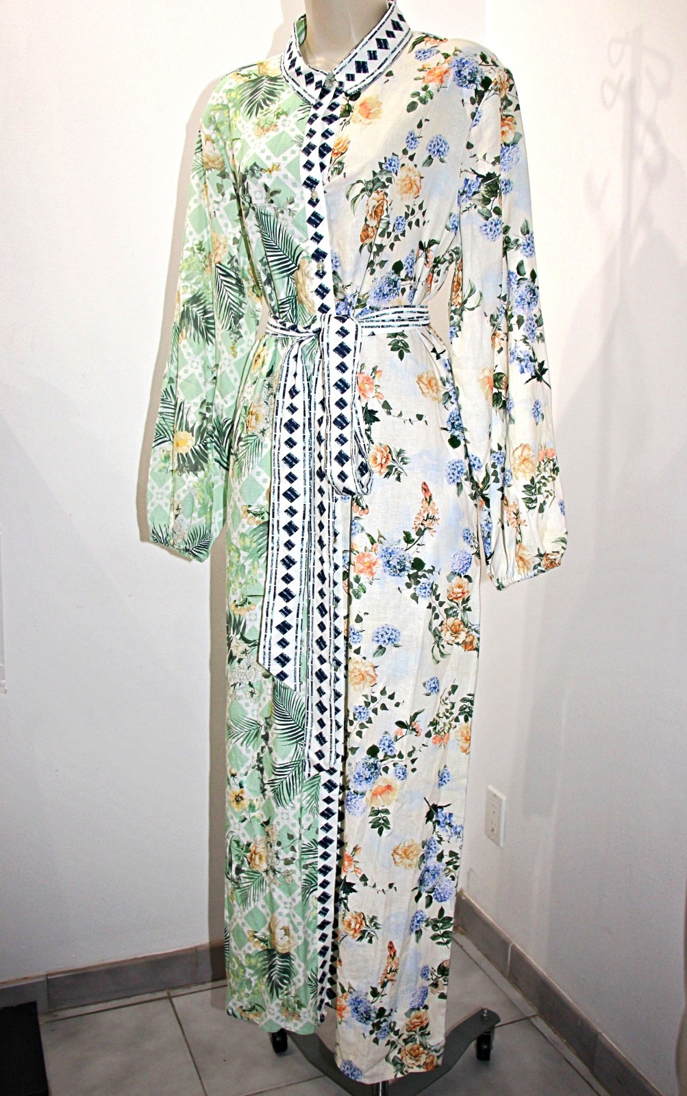 Magaschoni Linen Blend Button Front Pockets Belted Maxi Shirt Dress sz L $228