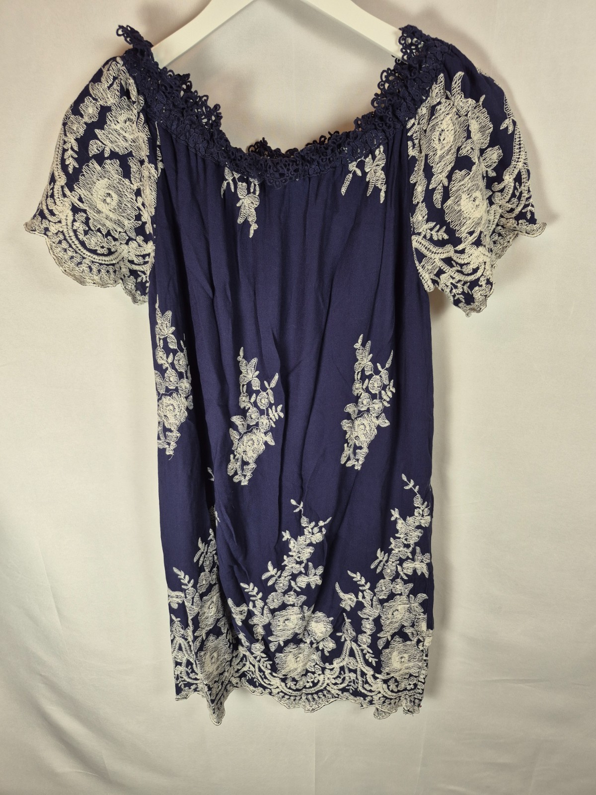 Altar’d State Embroidered Boho short Sleeve Dress OFF SHOULDER Navy SZ Small