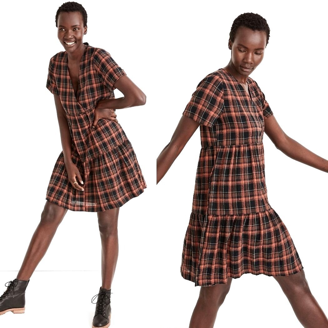 Madewell Dress XXS Orange Black Plaid Faux Wrap Short Sleeve Tiered Mini Tartan