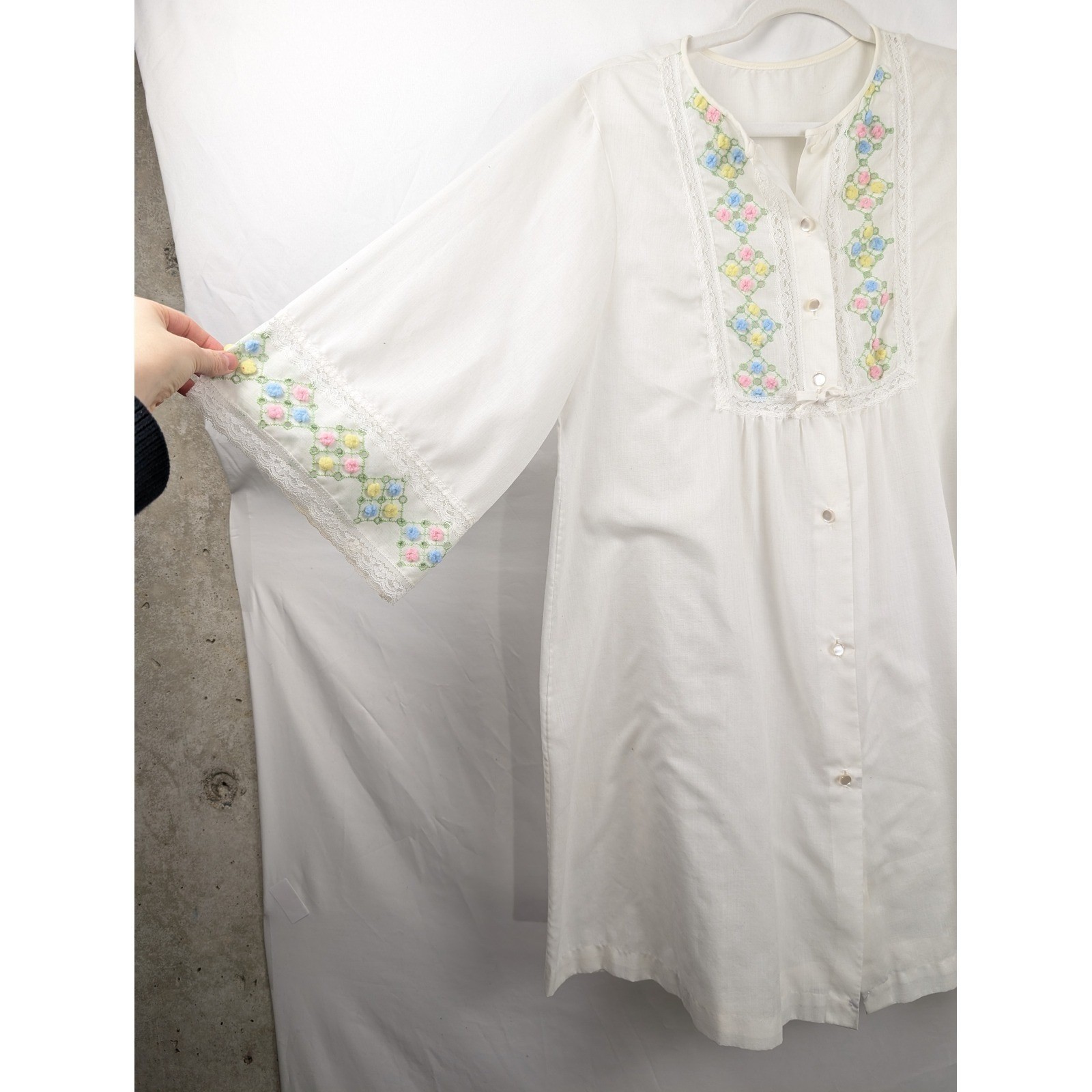 Vtg Floral Embroidered Lace Button Shift Dress Size M White Prairie Cottagecore