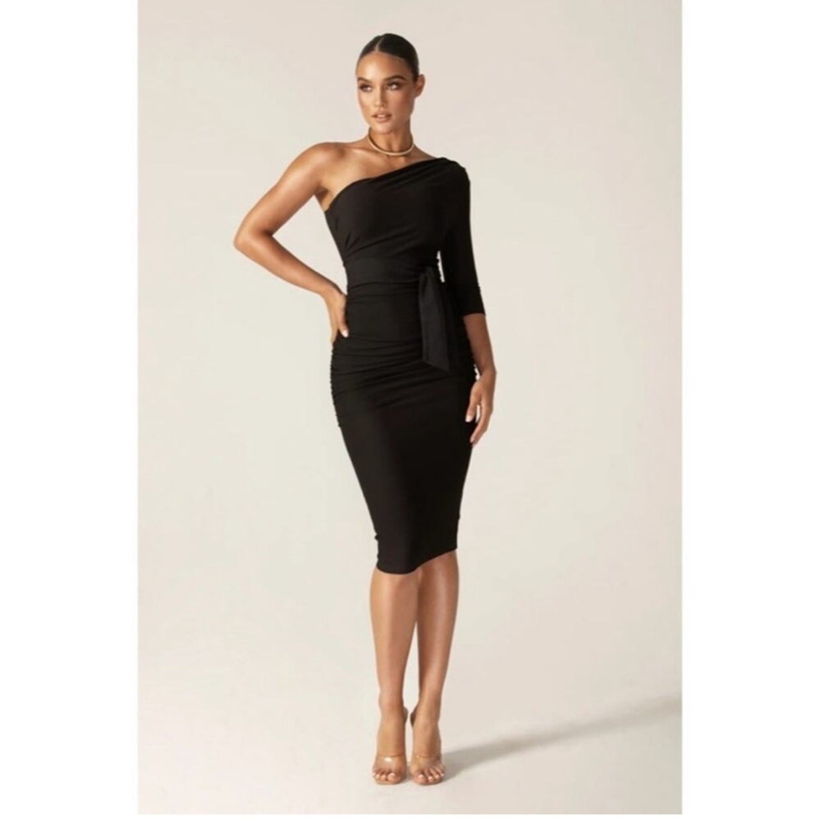 Alieva Black Bodycon Dolly Ruched One Shoulder Dress LBD
