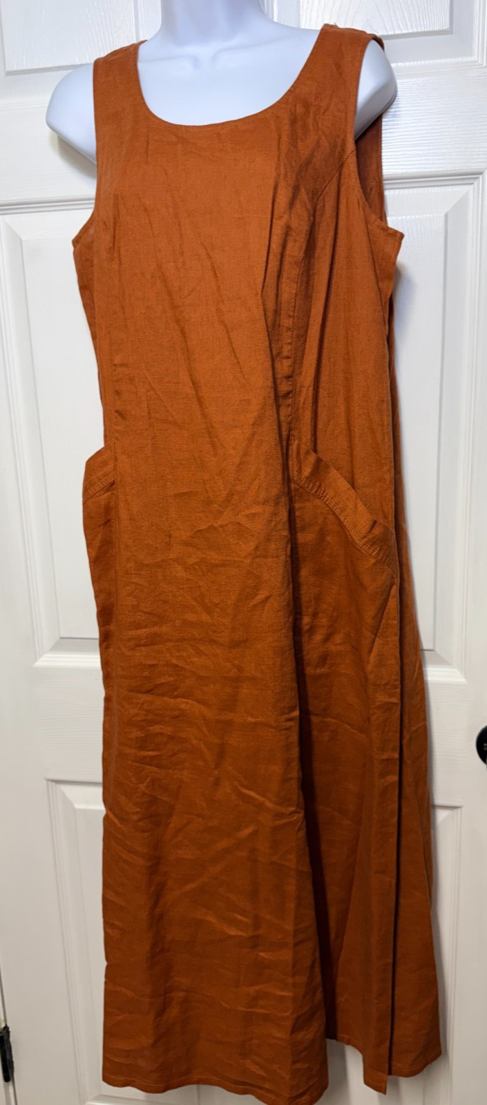 J Jill Love Linen Medium Rust Orange A-Line Maxi Dress Sleeveless Open Pockets