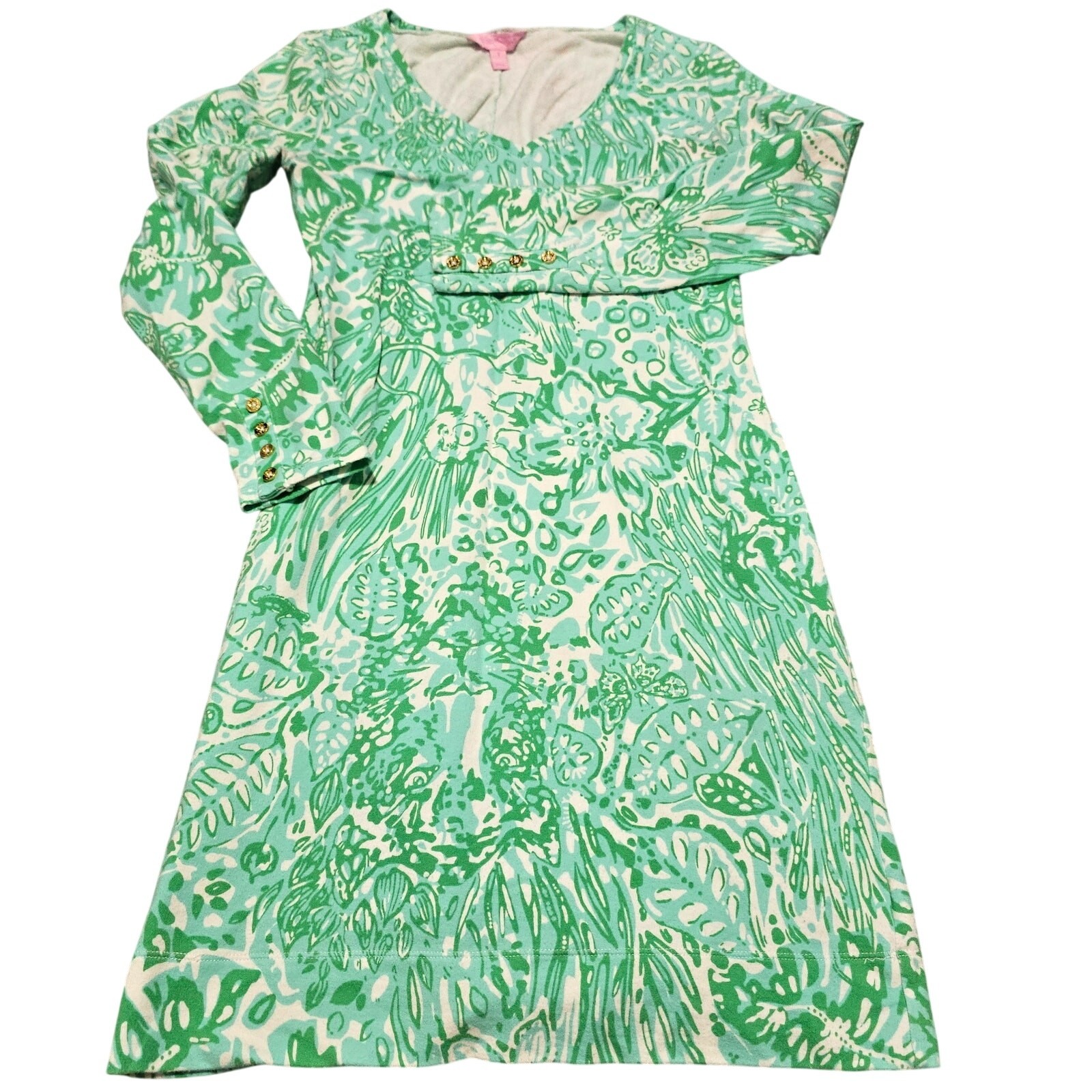 Lilly Pulitzer V-Neck Dress Green Bungle in the Jungle Animal Floral Small S