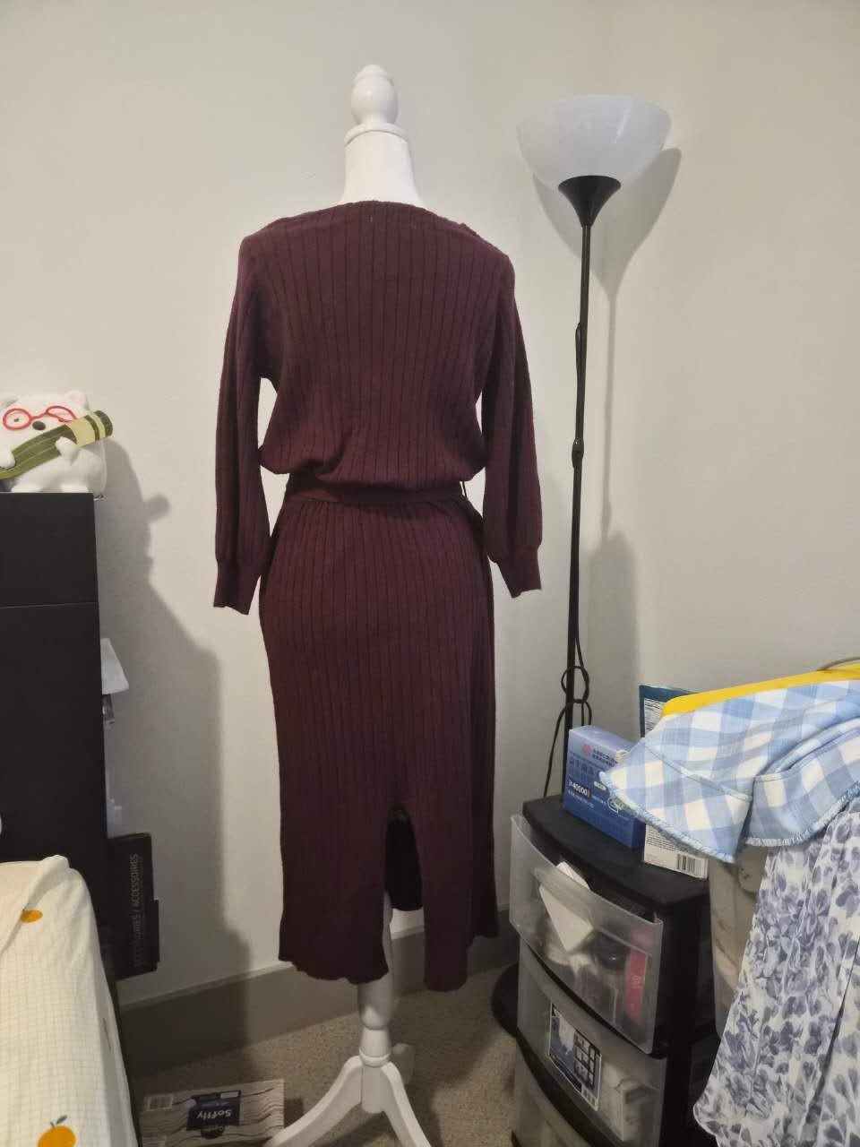 Free’s Mart Burgundy Ribbed Knit Midi Dress Set with Belt | One Size