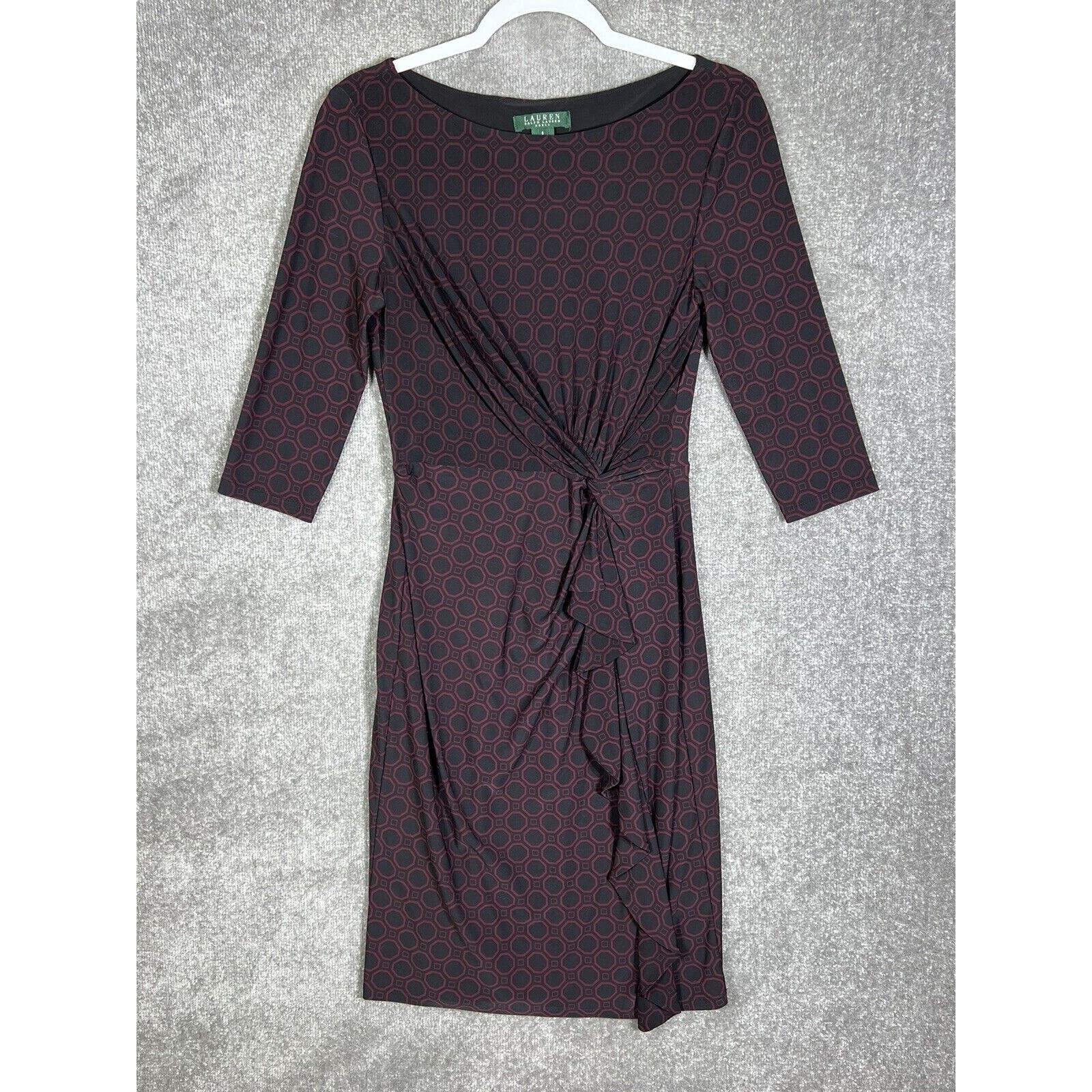 LAUREN Ralph Lauren Geometric Side Cinch Ruffle Dress Womens Size 6 Stretch