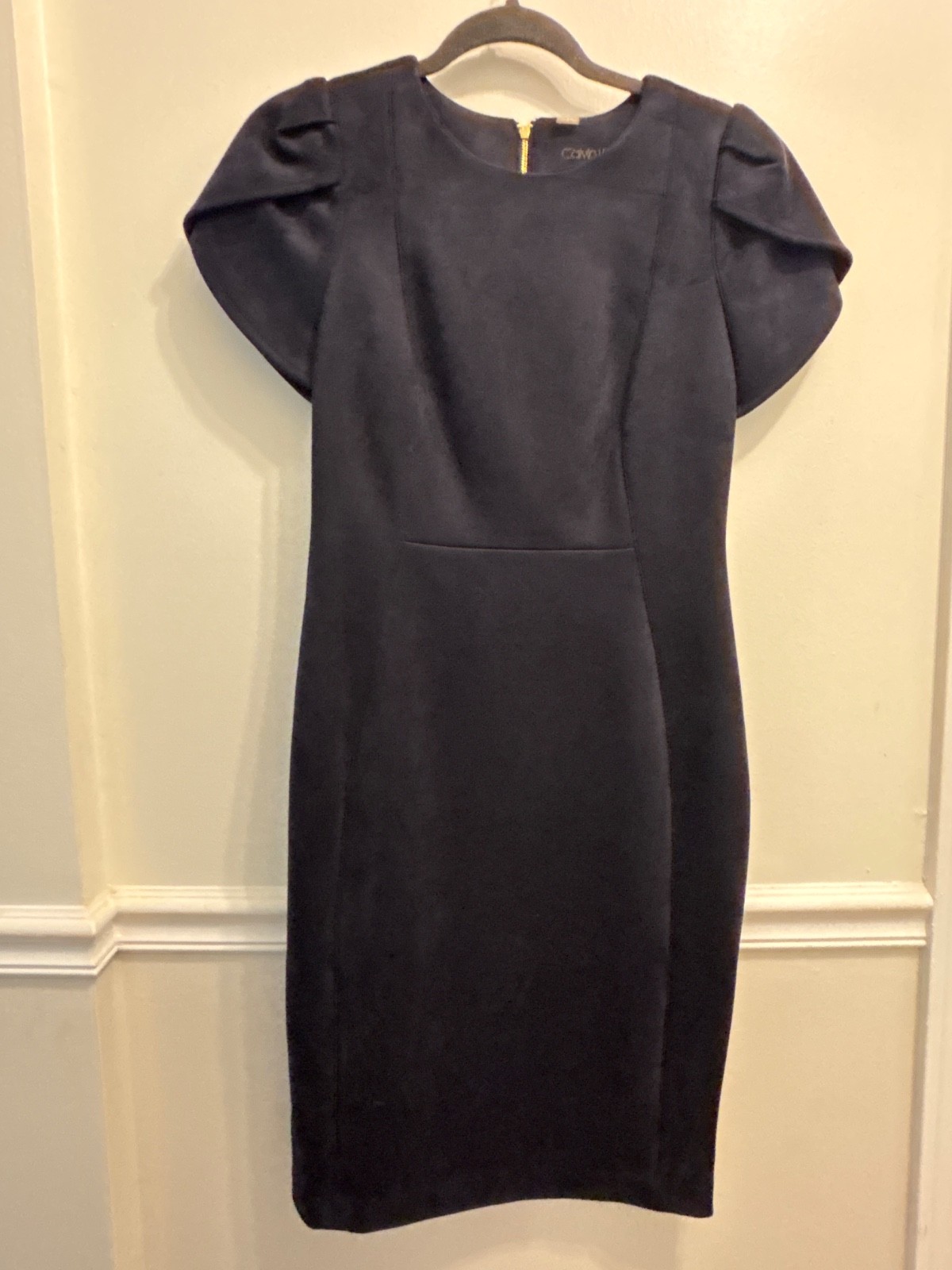 Calvin Klein Faux Suede Sheath Dress Size 6 Navy Blue Puff Sleeve Career Office