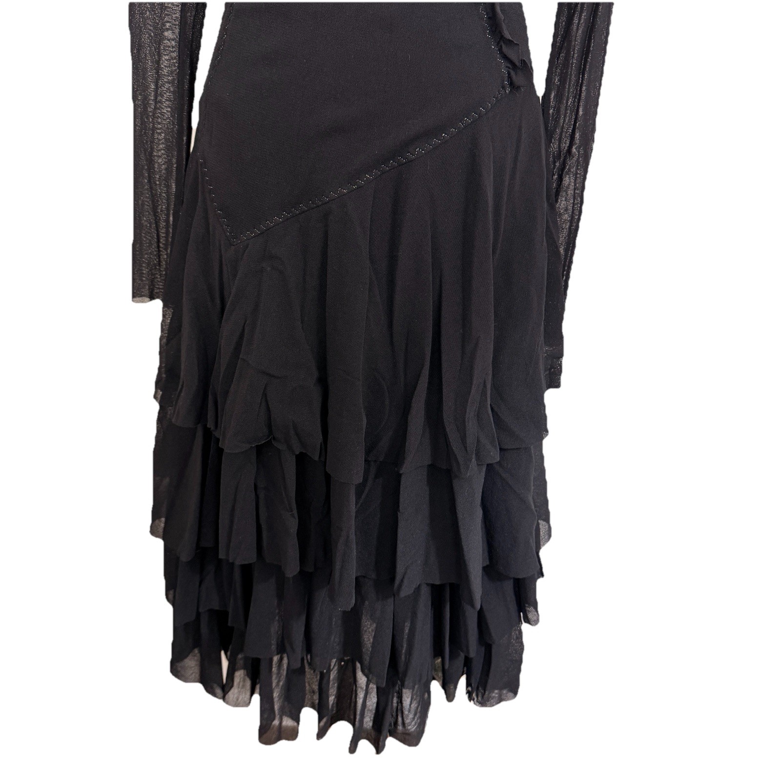 FUZZI Whimsigoth Tiered Dress Sz M Italy Black Mesh Fit Flare Layered Witchy