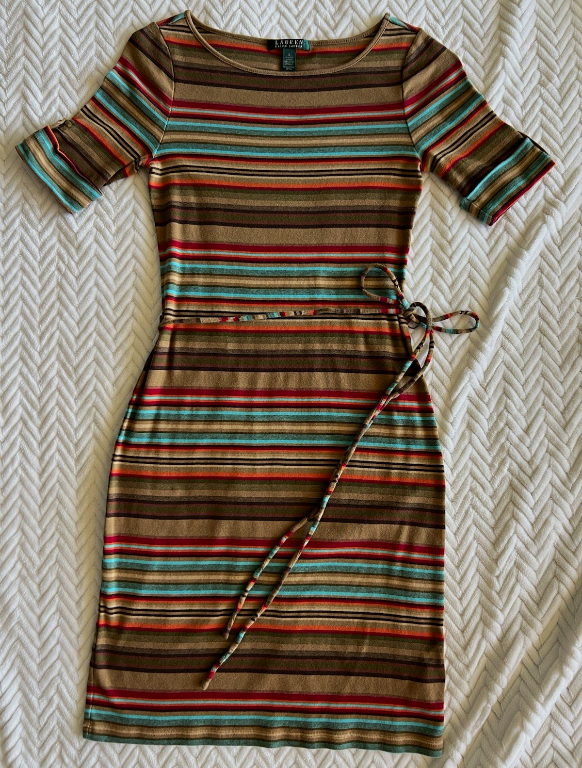 Lauren Ralph Lauren Striped Knit Sheath Dress Tie Belt 3/4 Sleeve Size S
