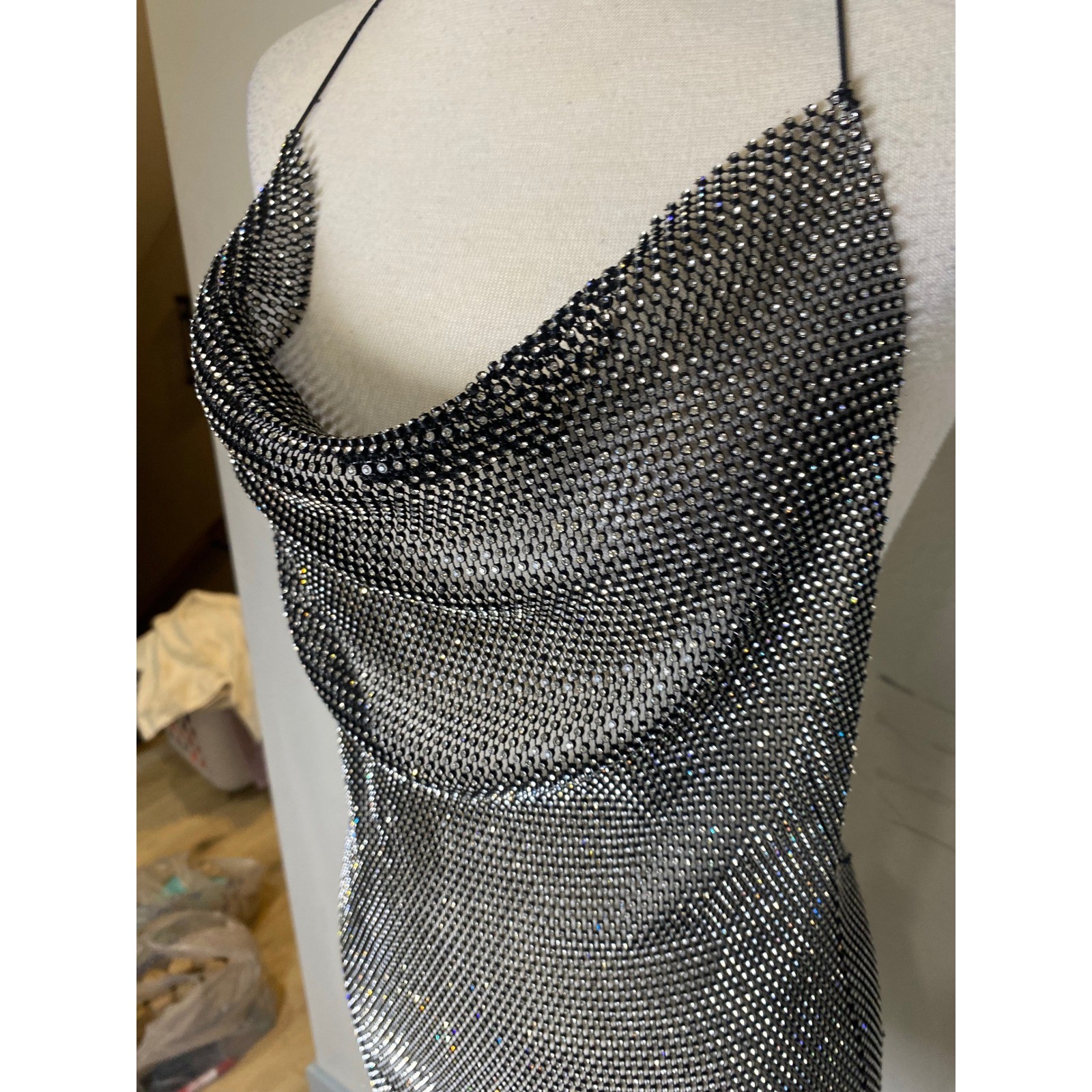 Rhinestone Mesh Mini Dress Black Silver Cowl Neck Open Back Festival Clubwear