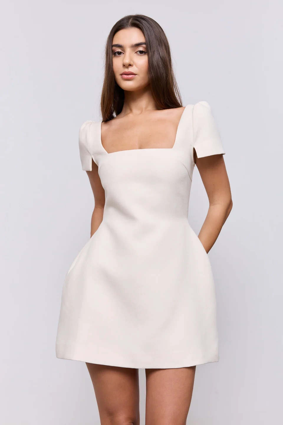 Odd Muse Womens Square Neck Mini Dress Linen Mix Cream
