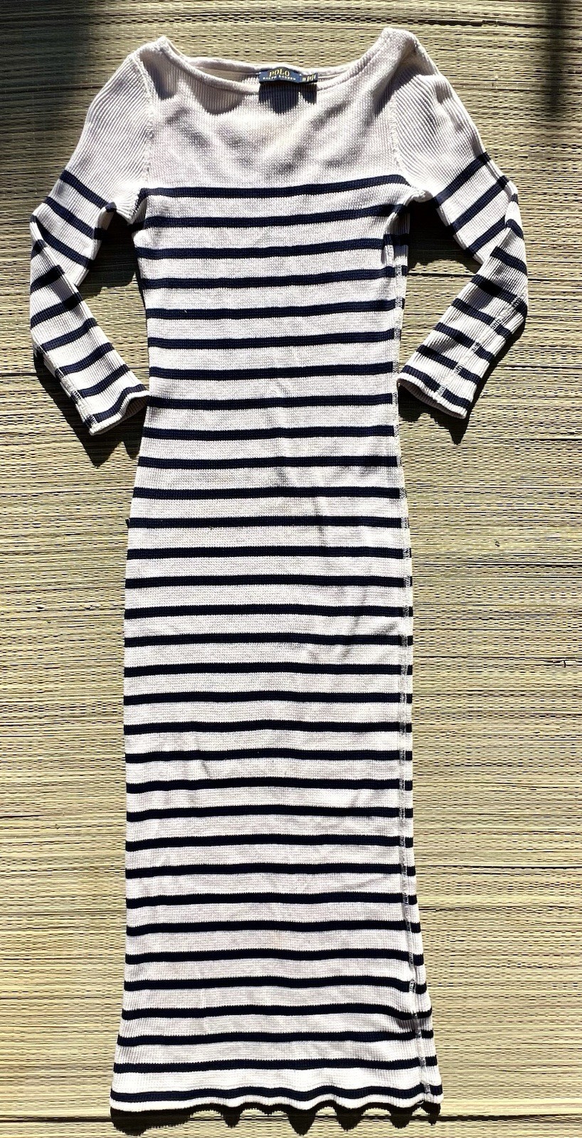 Polo Ralph Lauren Navy White Stripe Ribbed Knit Midi Dress 3/4 Sleeve Bodycon XS