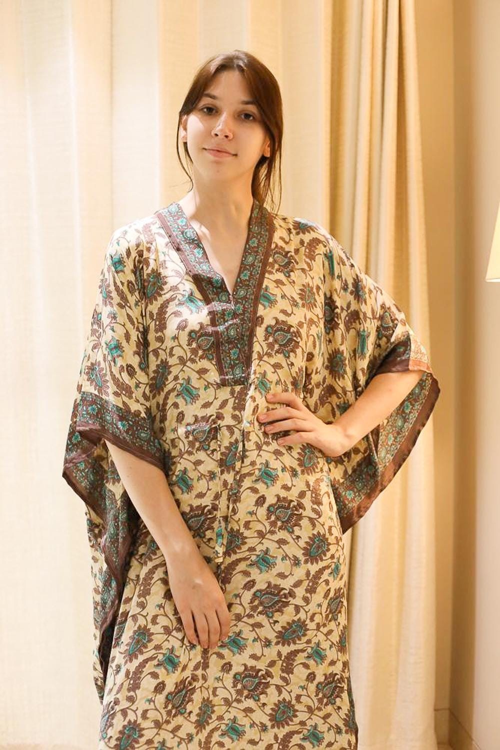 Handmade Silk Beige Long Kaftan / Upcycled Free Size Dressing Gown PS MFN1002