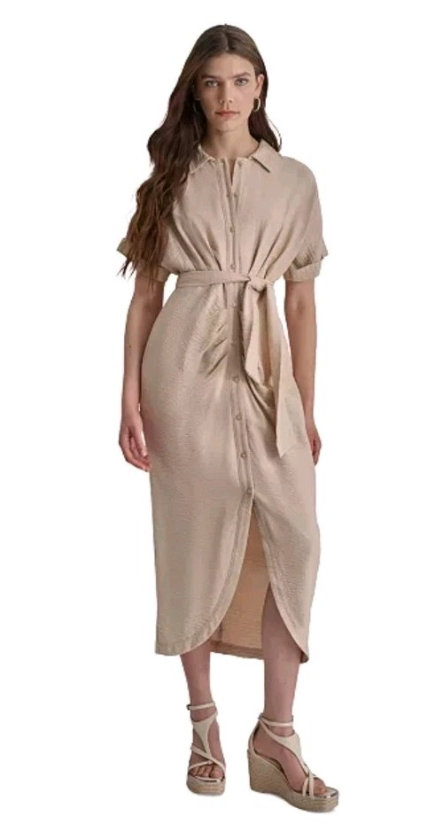 NWT DKNY Donna Karan Cotton Collared Button Belt Midi Shirt Dress Sz 14 Beige