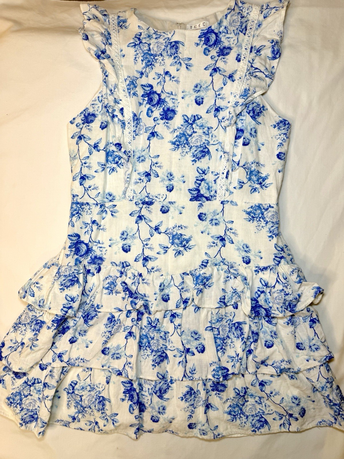 TCEC Blue White Floral Toile Ruffle Tiered Mini Dress Women’s Medium Cottagecore