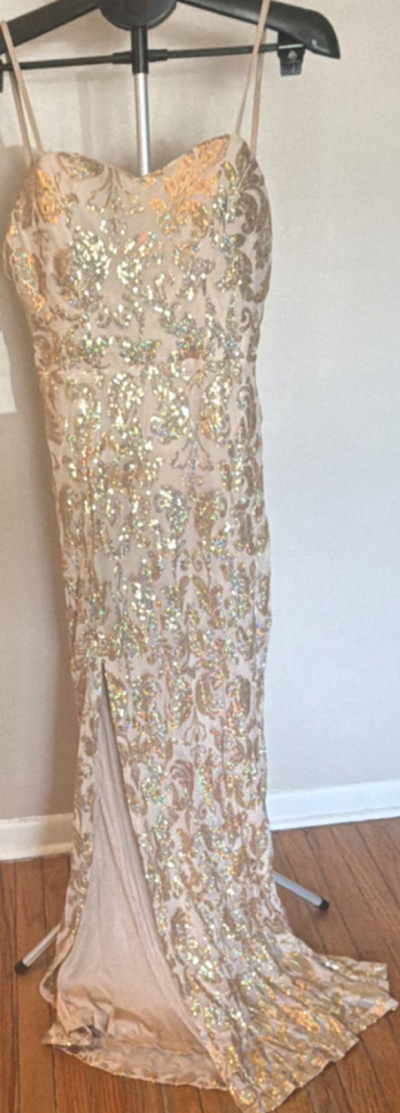 FAERIESTY XL Beige Gold Sequin Mesh Sweetheart Backless Long Gown Lace Up