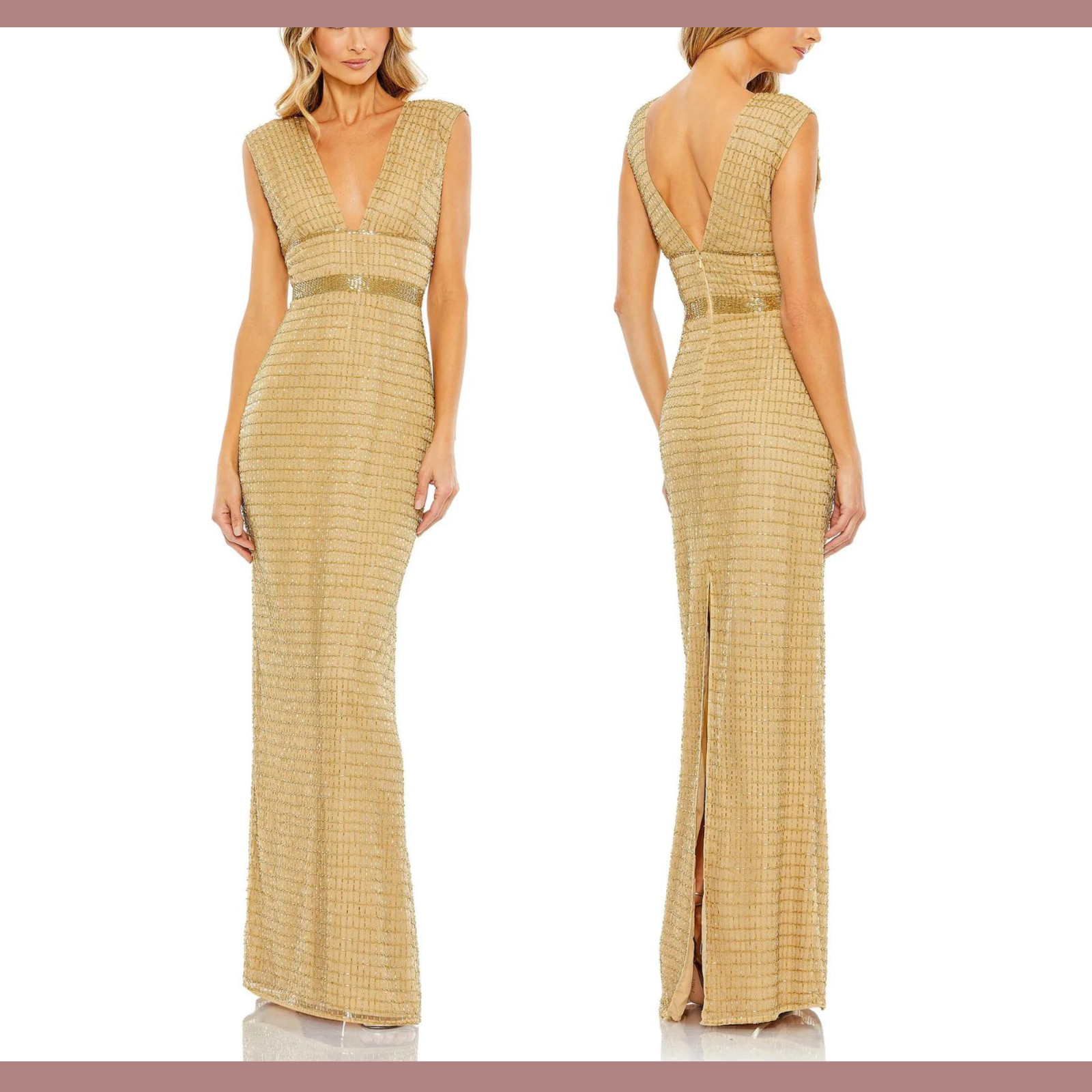 NWT $598 Mac Duggal [ 8 ] 5625 Beaded Cap Sleeve V Neck Column Gown Gold #G1605