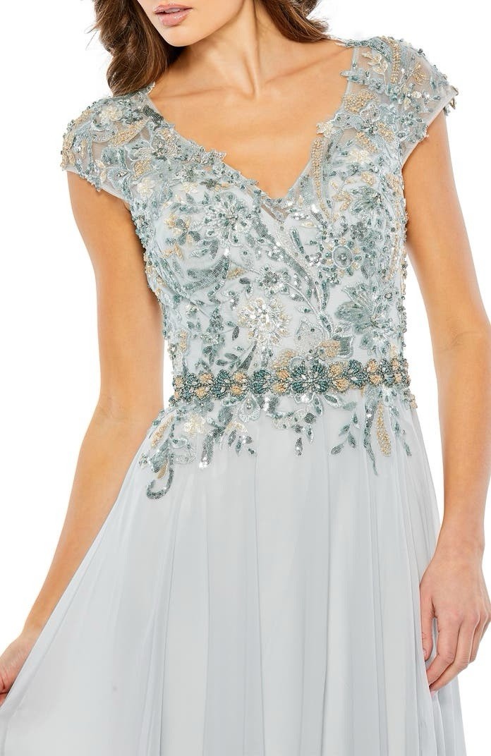 MAC DUGGAL 79365 EMBELLISHED CAP SLEEVE FLOWY BODICE SEAMIST CHIFFON GOWN sz 6