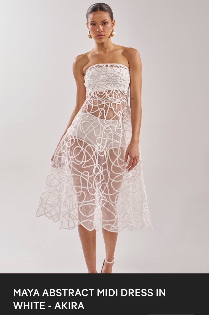 Akira M White Maya Abstract Structured Embroidered Corded Swirling Midi Dress