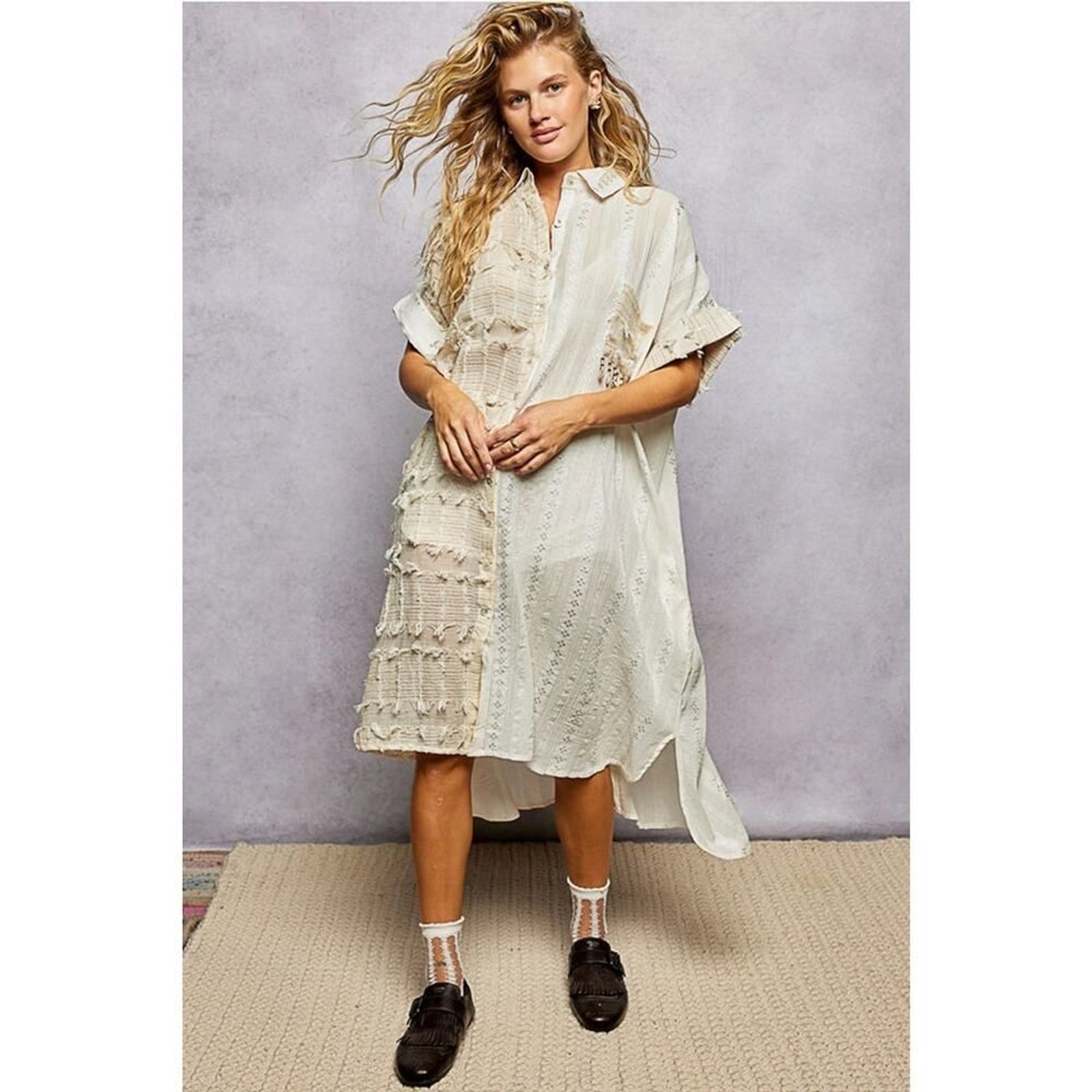 POL Dangle Trim Textured Cotton Oversized Long Shirt Dress – Cream