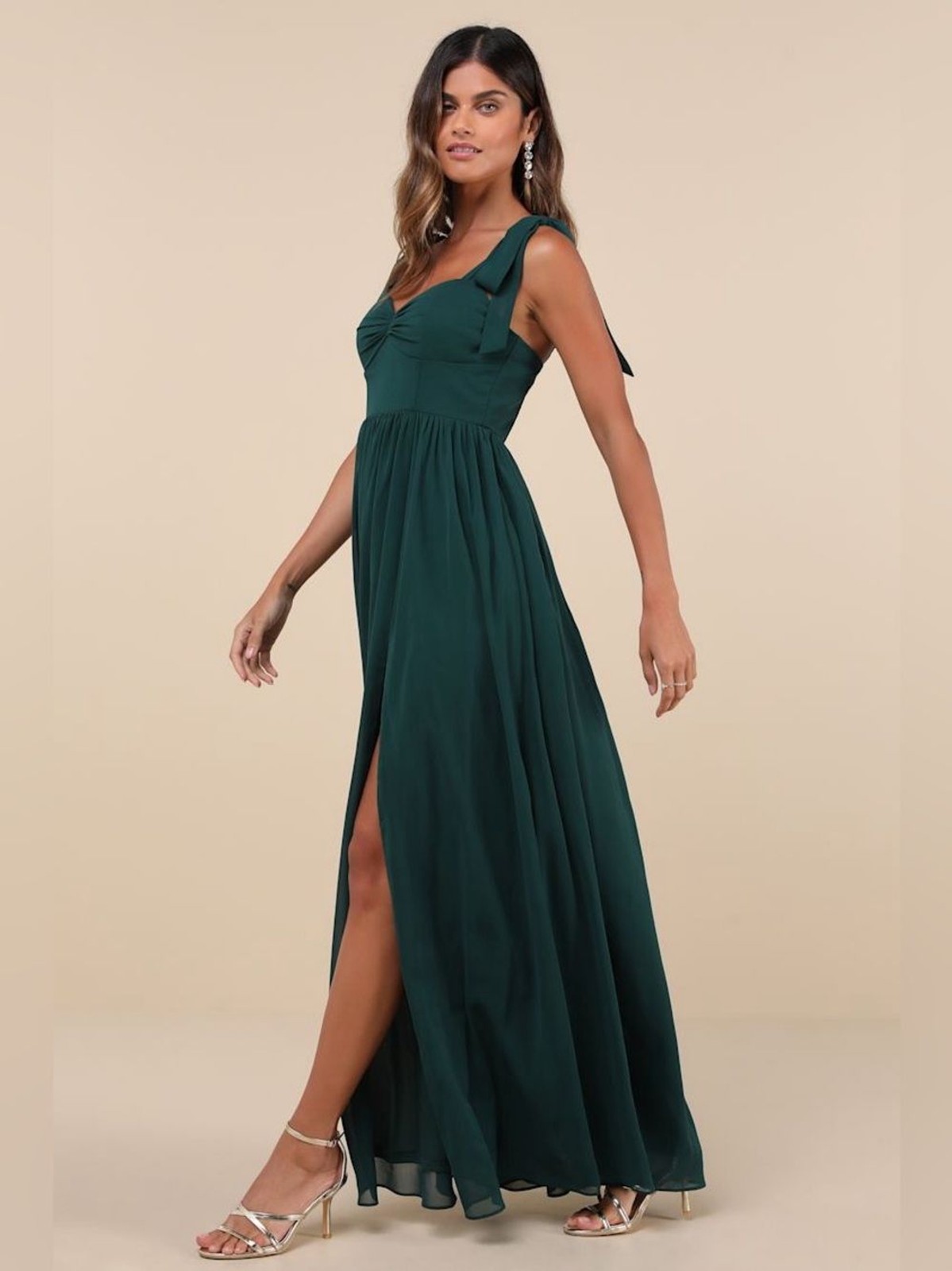 Lulus Radiant Charisma Emerald Chiffon Ruched Tie-Strap Maxi Dress Size XS NWT