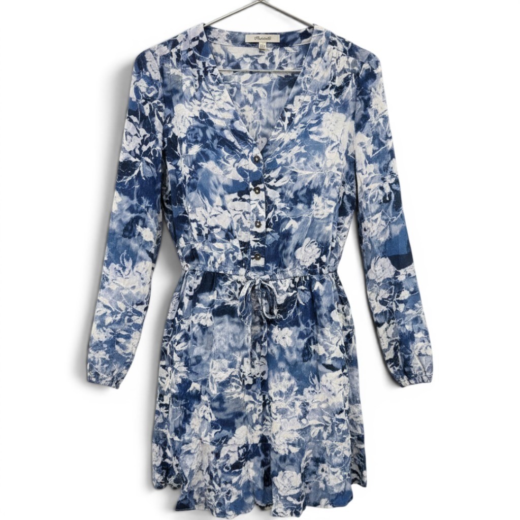 Madewell Blue White Floral Print V Neck Button Tie Waist Mini Dress Size 00