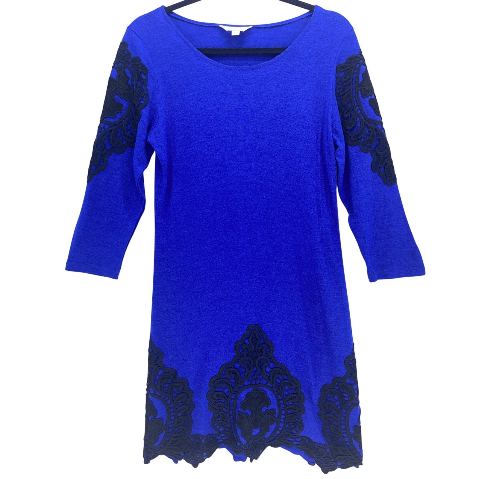 Charming Charlie Royal Blue Lace Applique Knit Tunic Dress Size S 3/4 Sleeve