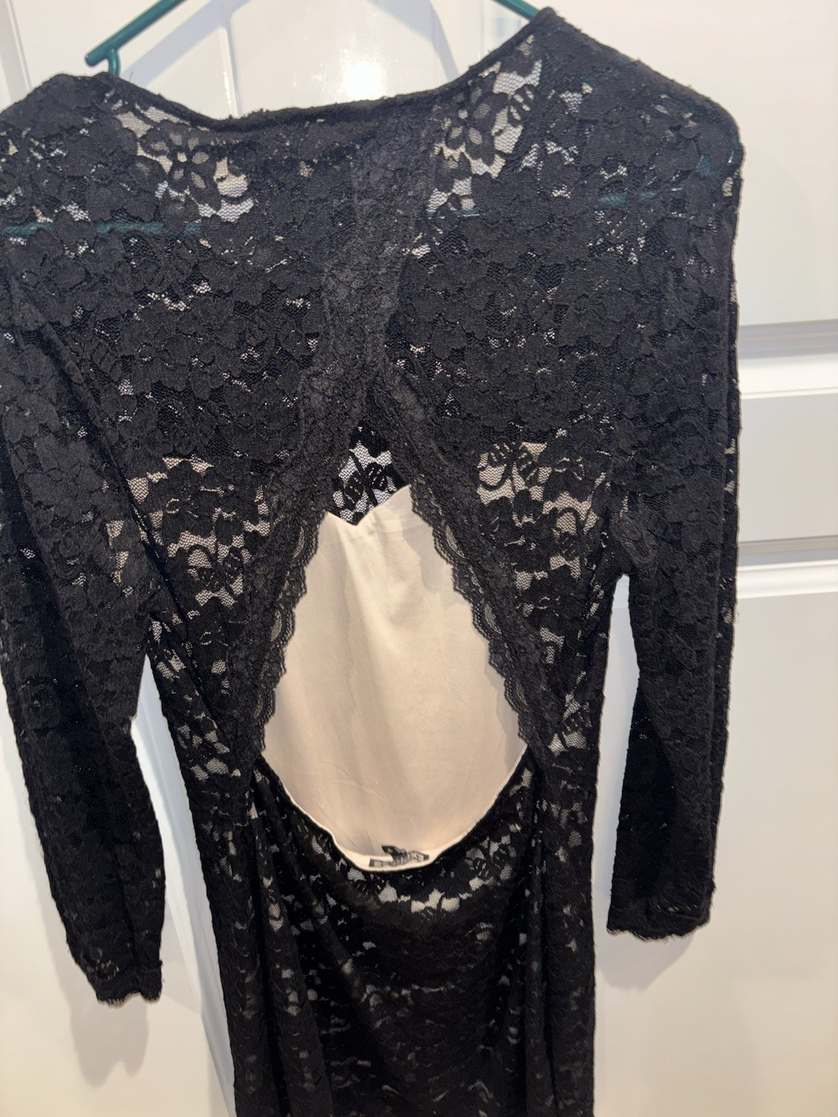 WOMEN’S Express Black Tan Lace Party Dress Open Back Size LARGE