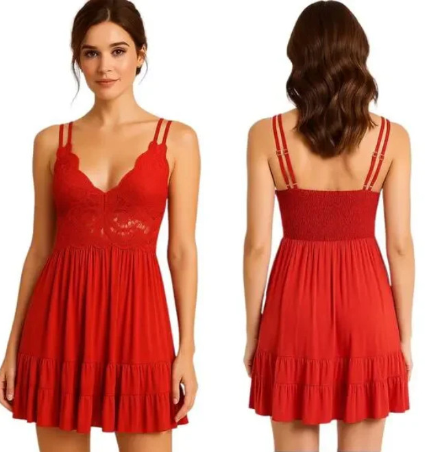 NEW POL Small Red Embroidered Mini Dress Smocked Back Adj. Straps Ruffle Hem