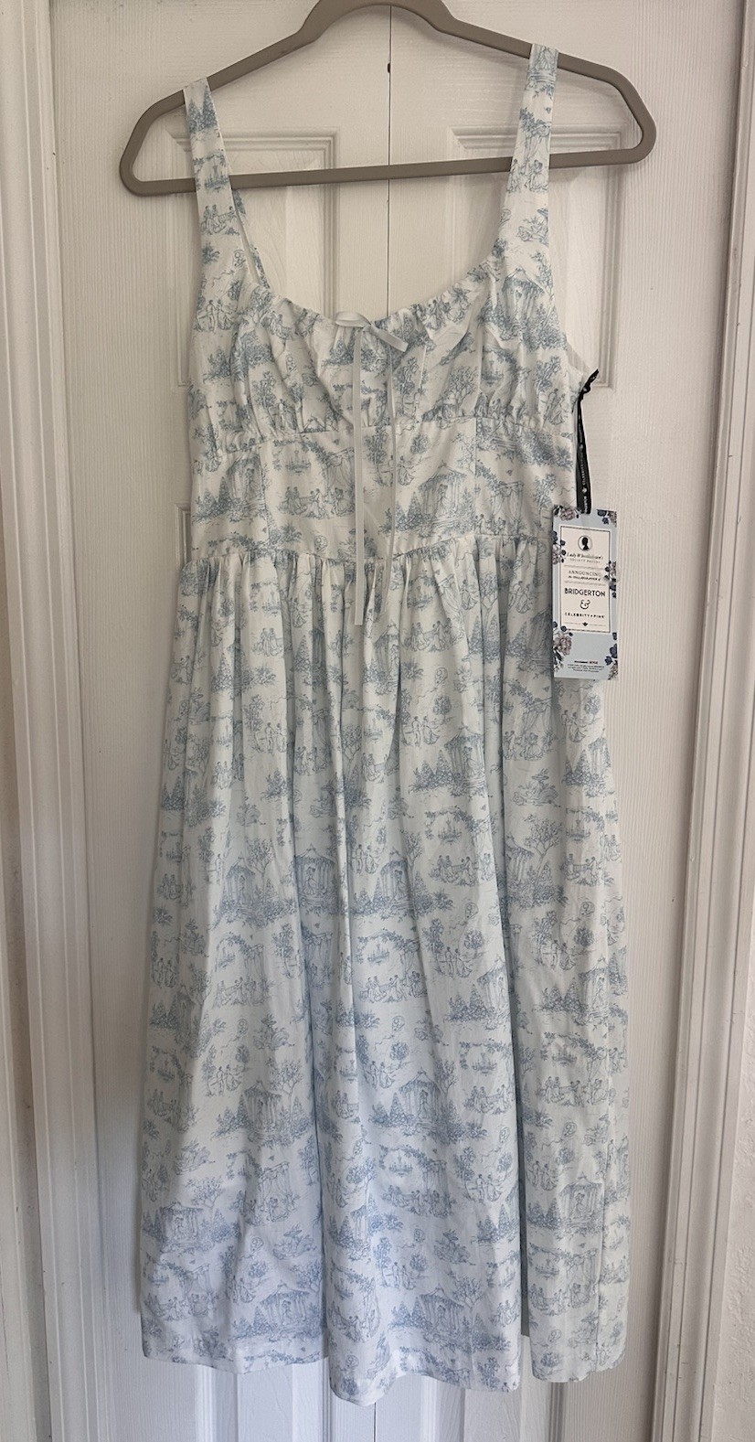 NWT Bridgerton Celebrity Pink Womens Basque Blue Toile Midi Dress Size M