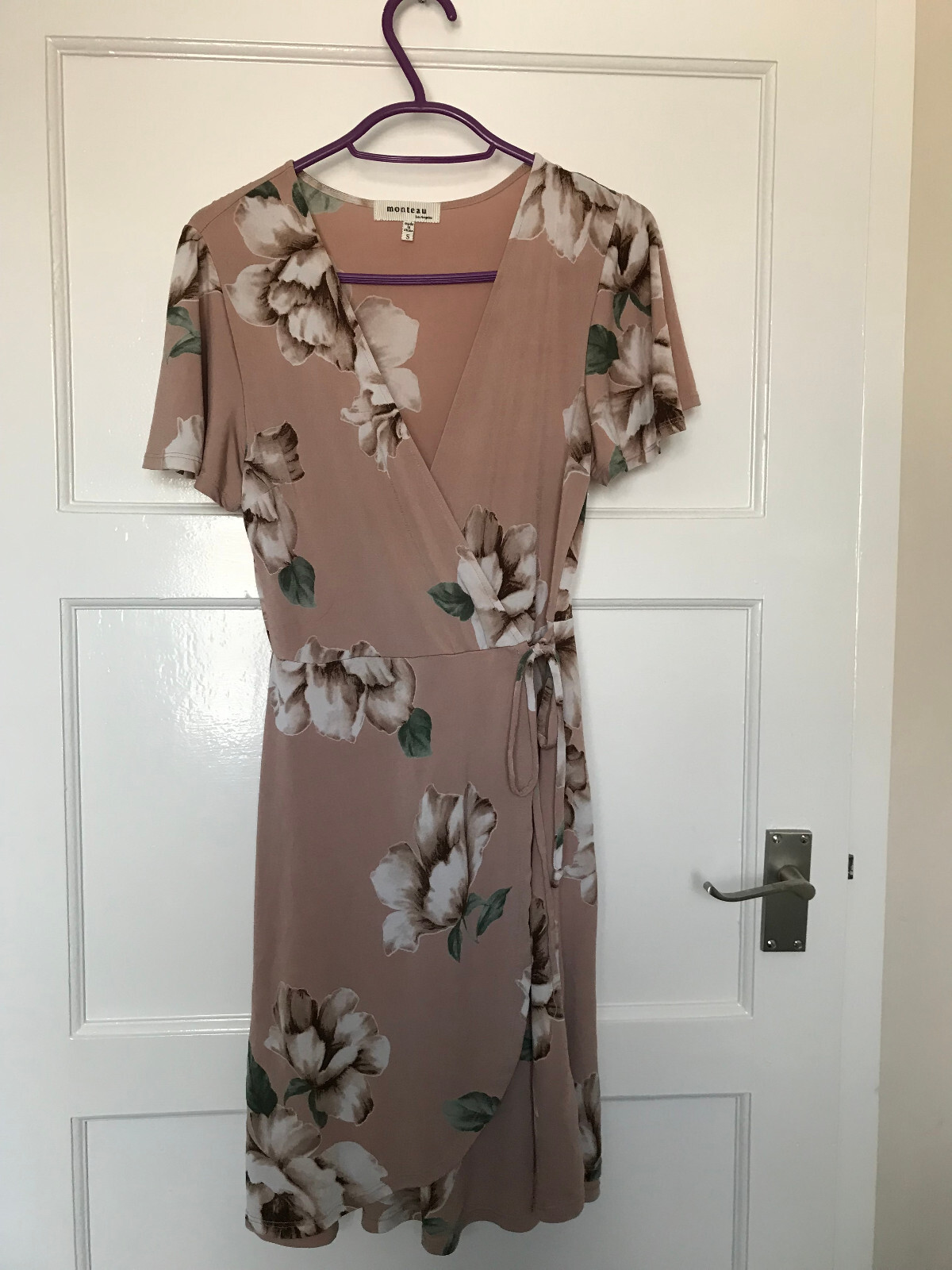 MONTEAU Salmon Pink Floral Faux Wrap Dress Size S UK 8 1940s Vintage Style