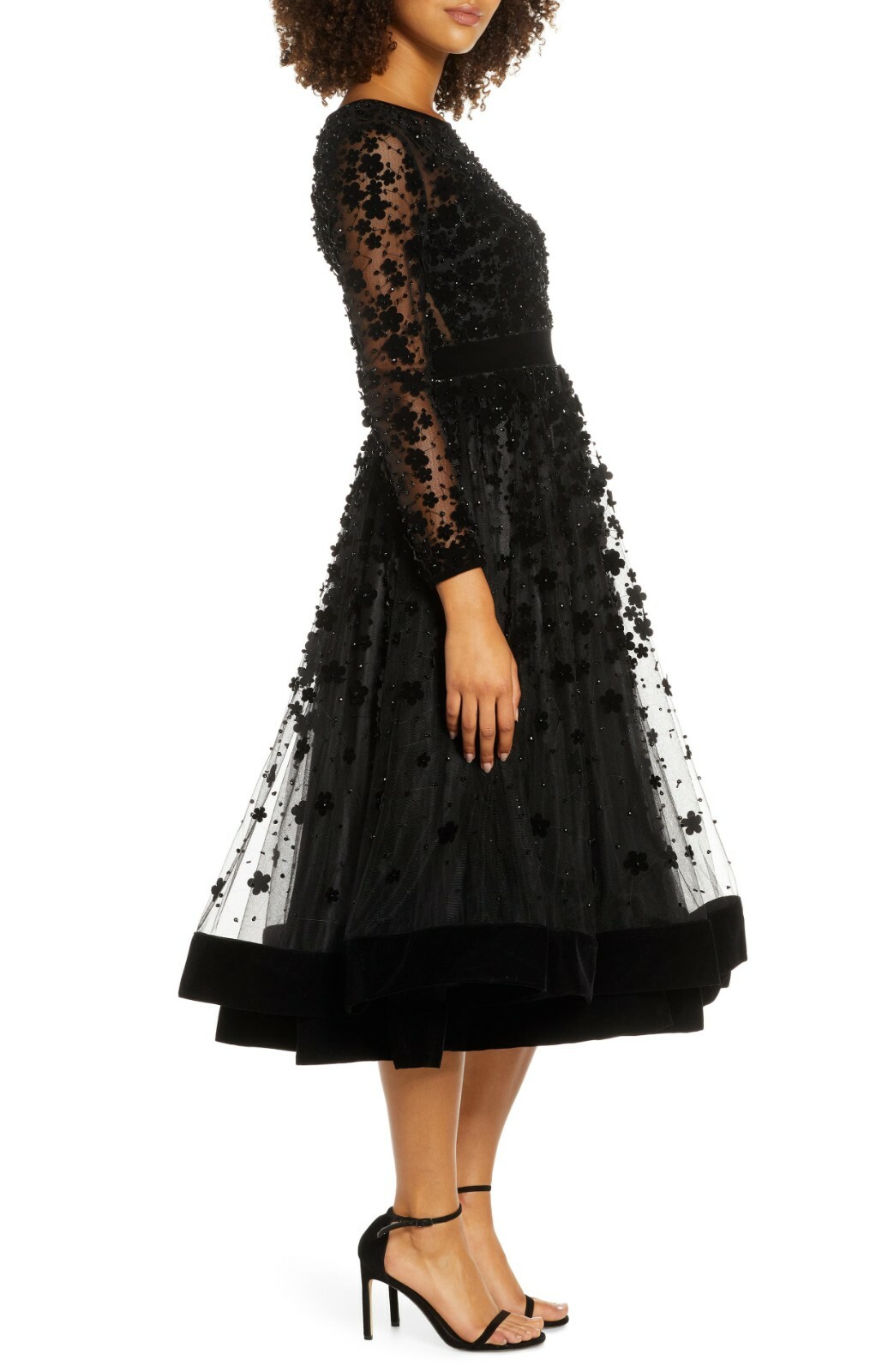 MAC DUGGAL 67007D Black Floral 3D Luxe Velvet Sheer Long Sleeve Tea Dress 10 US