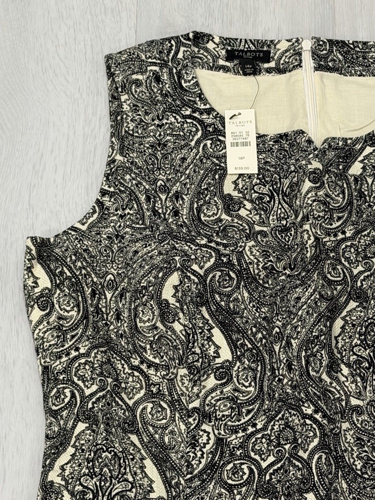 Talbots NEW $139 Sz 14P Cotton Ble Sheath Shift Dress Lined Paisley Black White