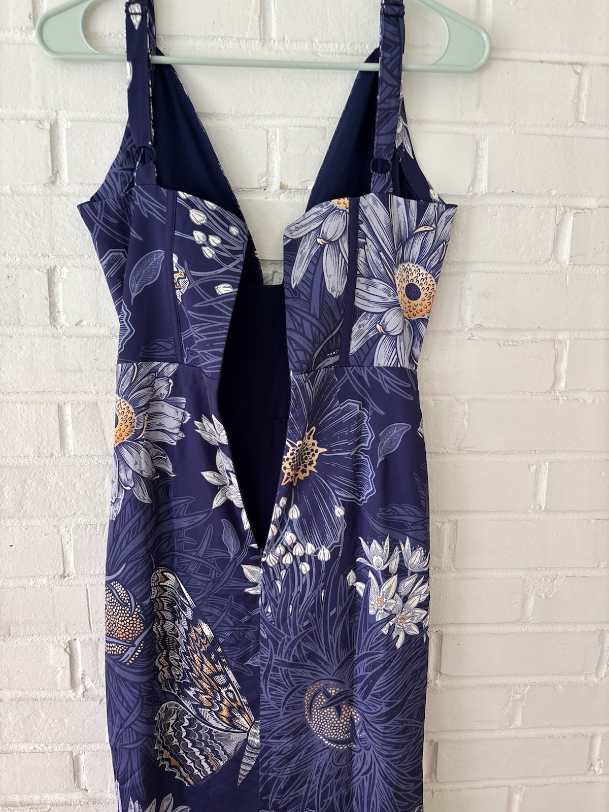 Averie Dani Draped Midi Dress Navy Blue Floral Fauna Print Corset Bustier Sz XS