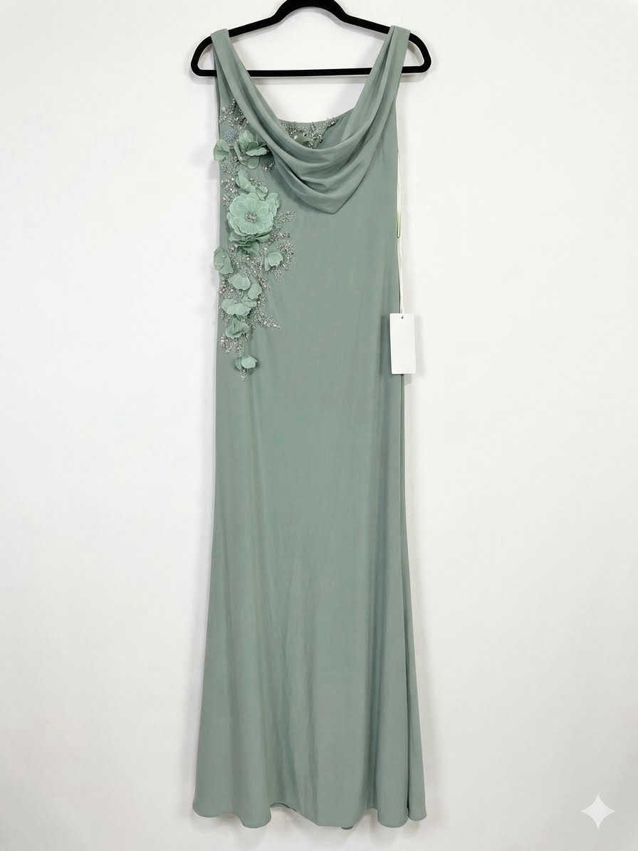 MAC DUGGAL 11910 Green Sleeveless Jersey Gown Size 4 Cowl Neck Beading NWT