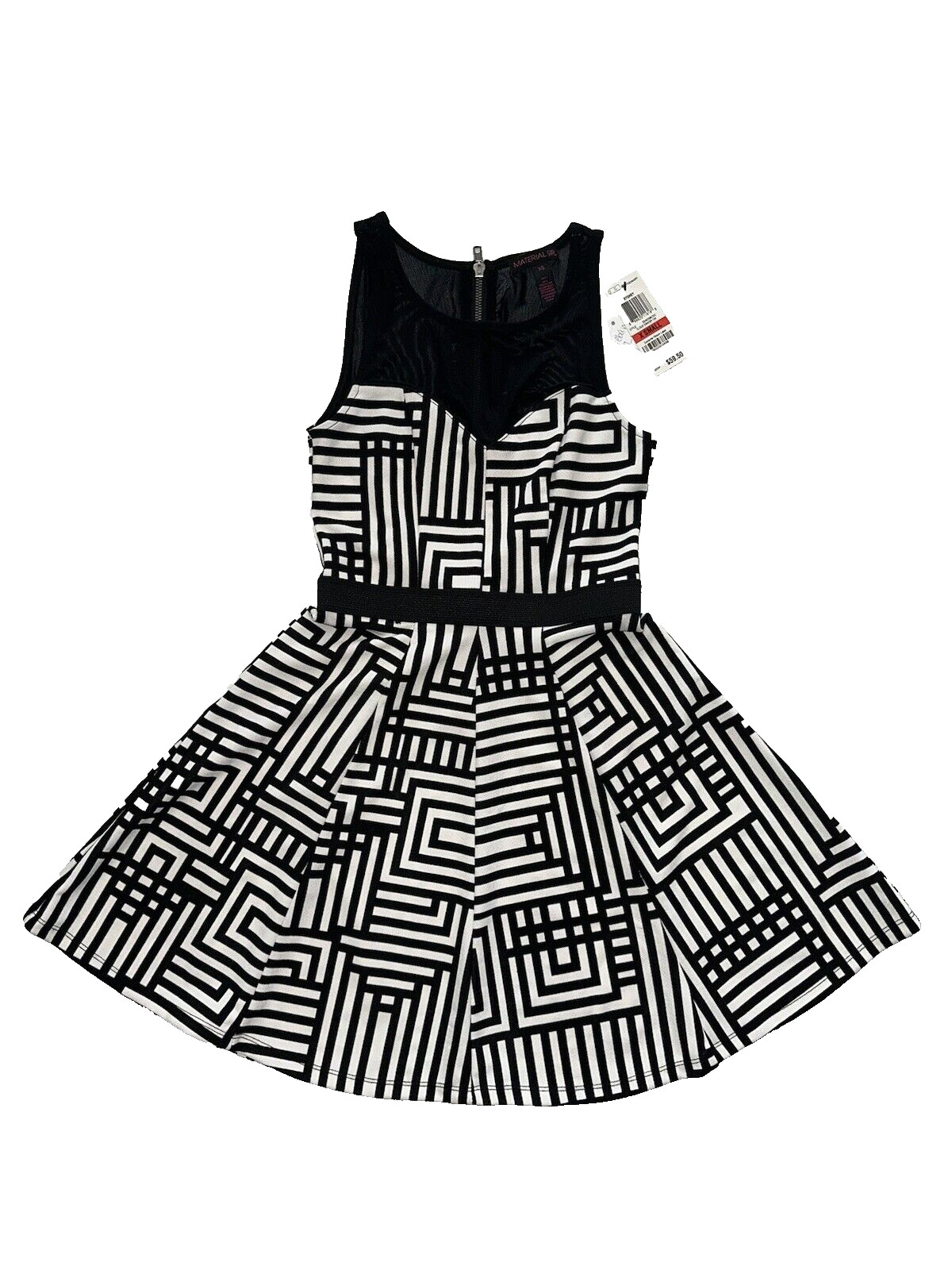 Material Girl Black White Graphic Print A-Line Party Dress Size XS X-small NWT