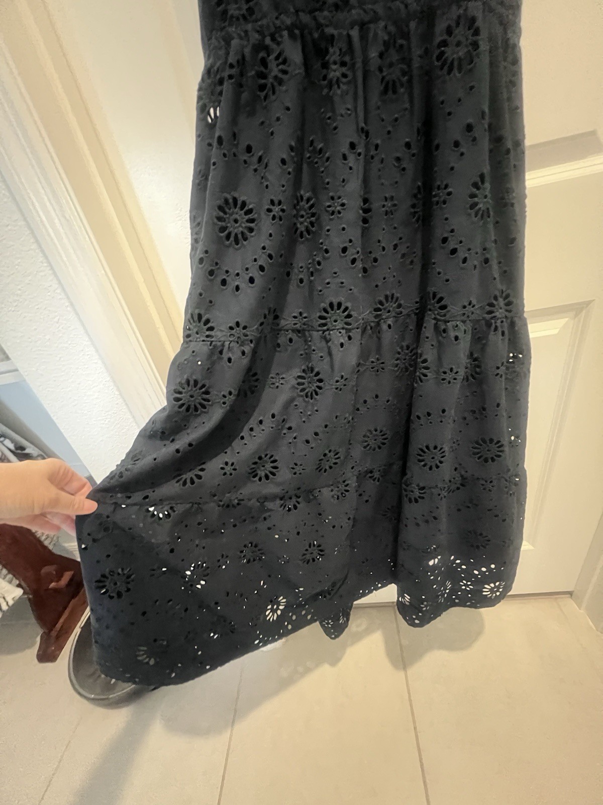 Time and Tru Navy Eyelet Halter Ruffle Midi Sundress Womens L (12-14)