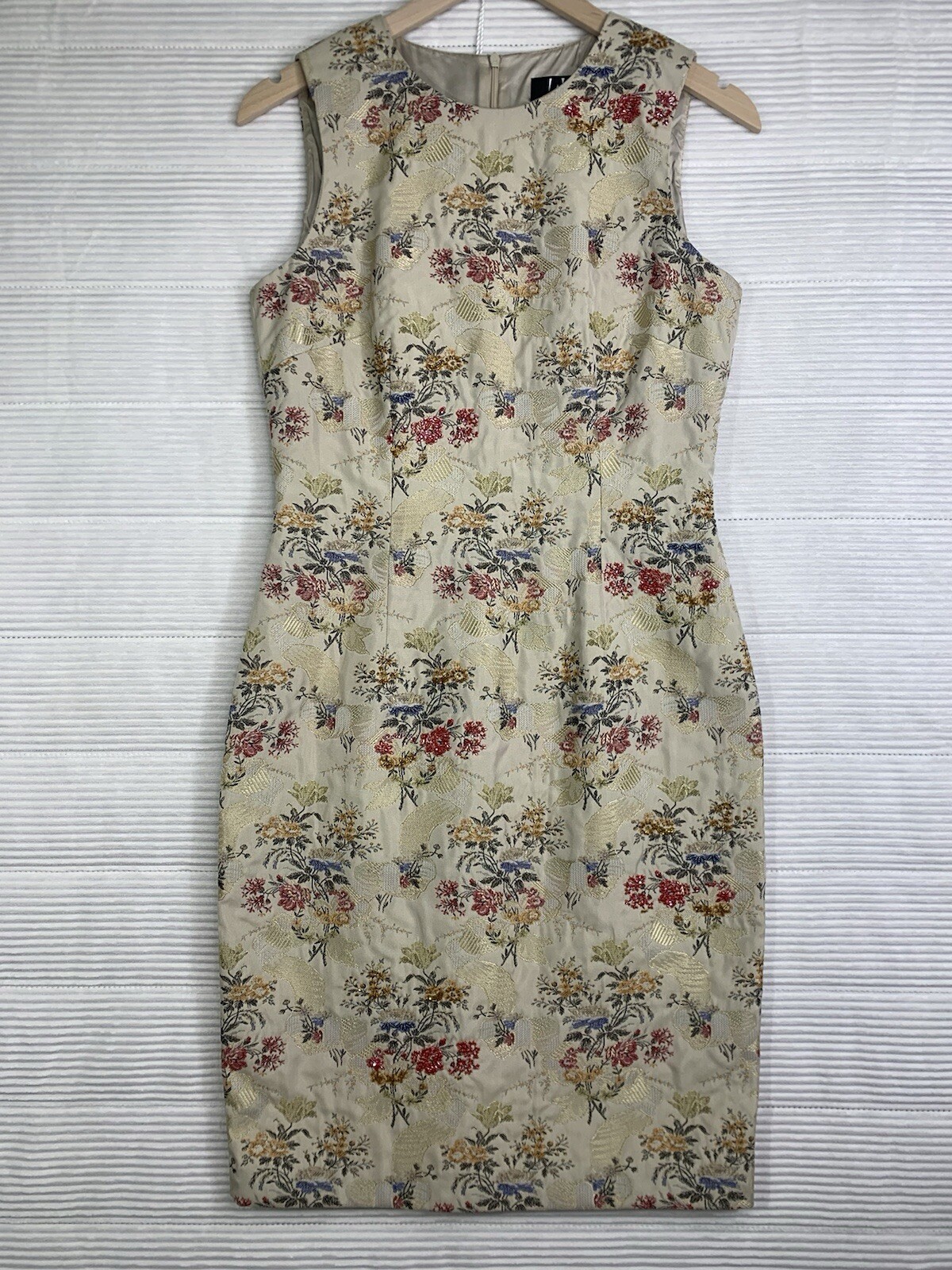David Meister Women’s Sleeveless Floral Beaded Beige Brocade Dress Size 39