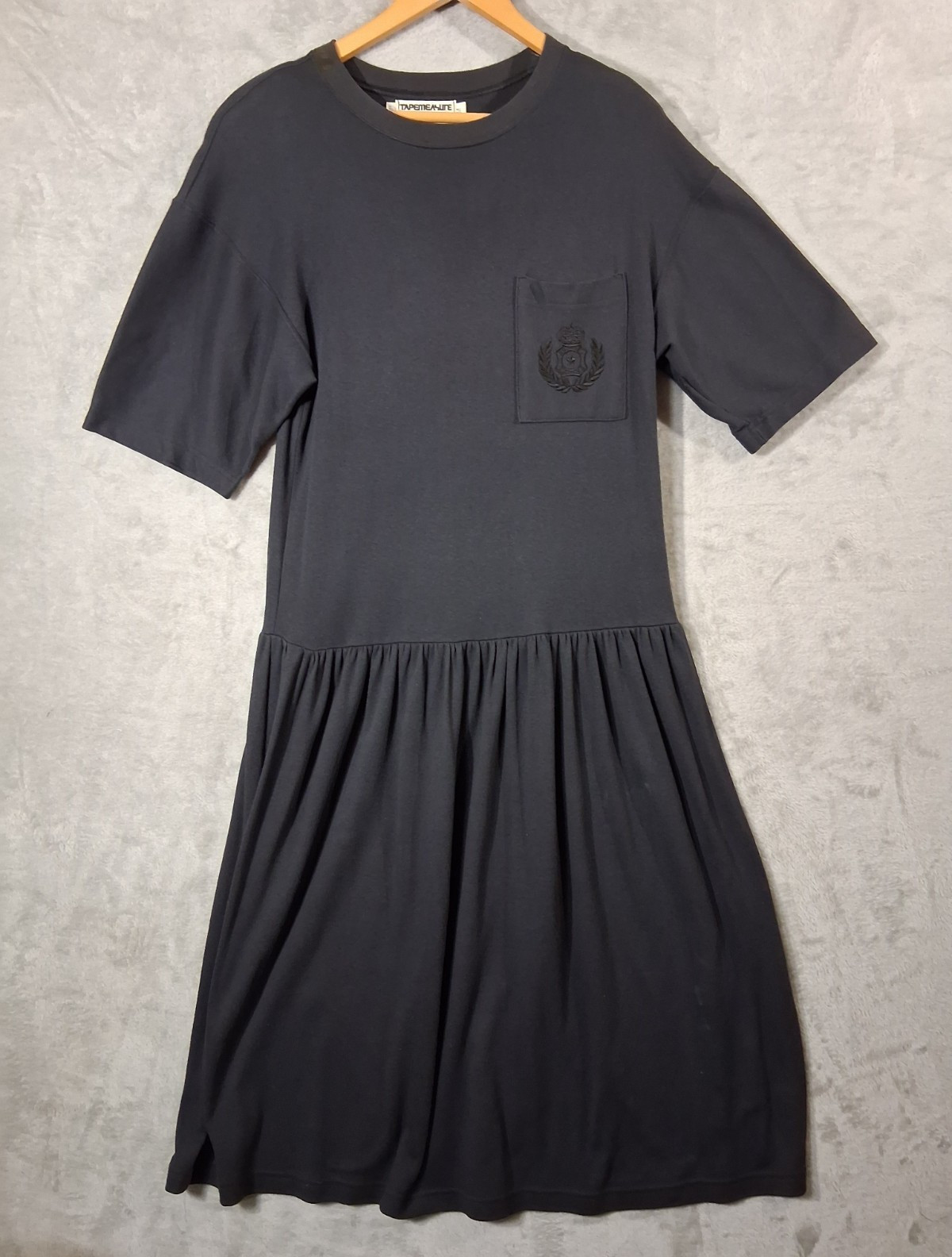 VTG Tapemeasure NY Crest Pocket TShirt Dress Whimsigoth Grunge Drop Waist Maxi M