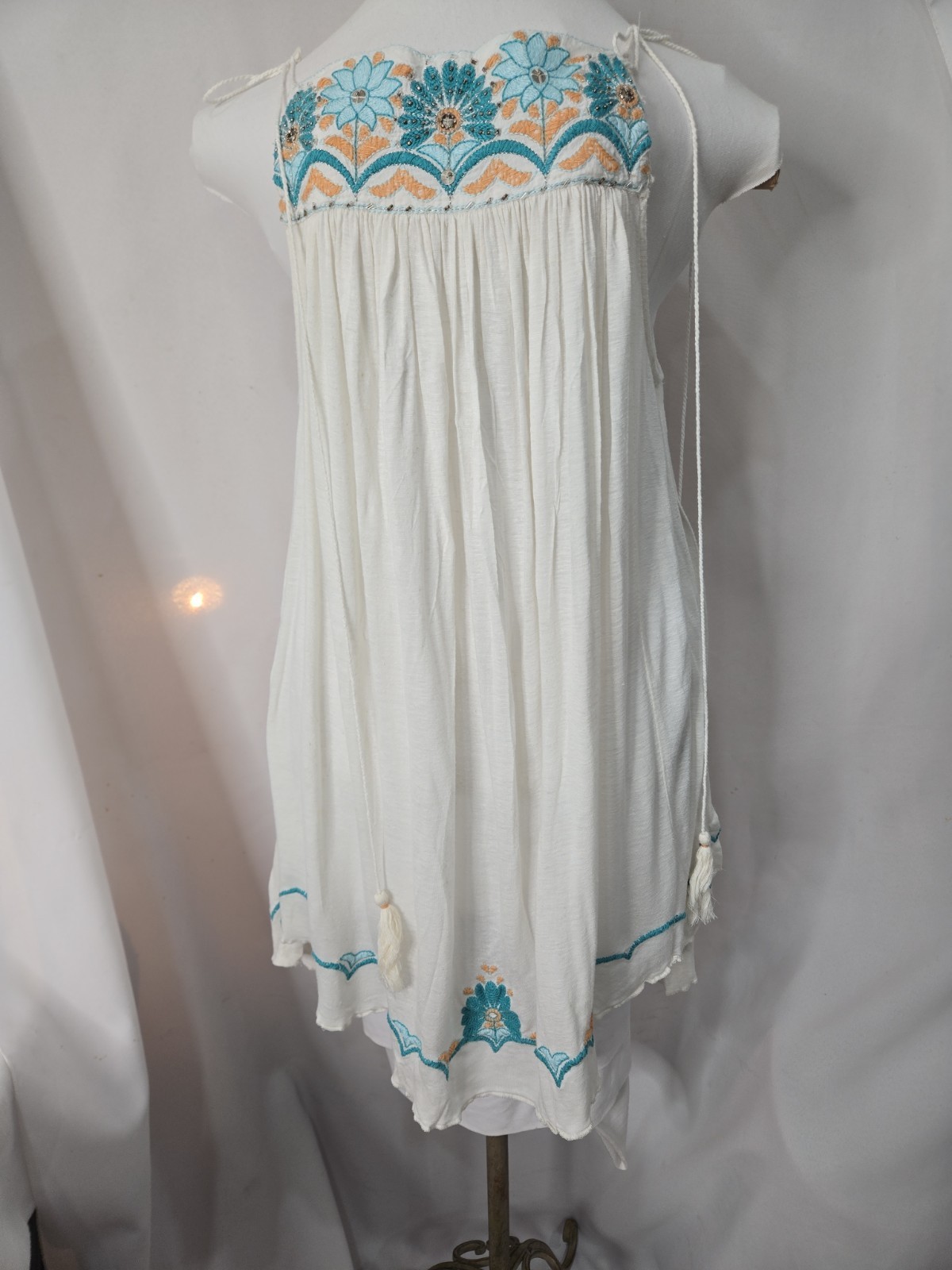 Free People Embroidered Aline Boho, Fairycore Sleeveless Side Slits Cotton Lined