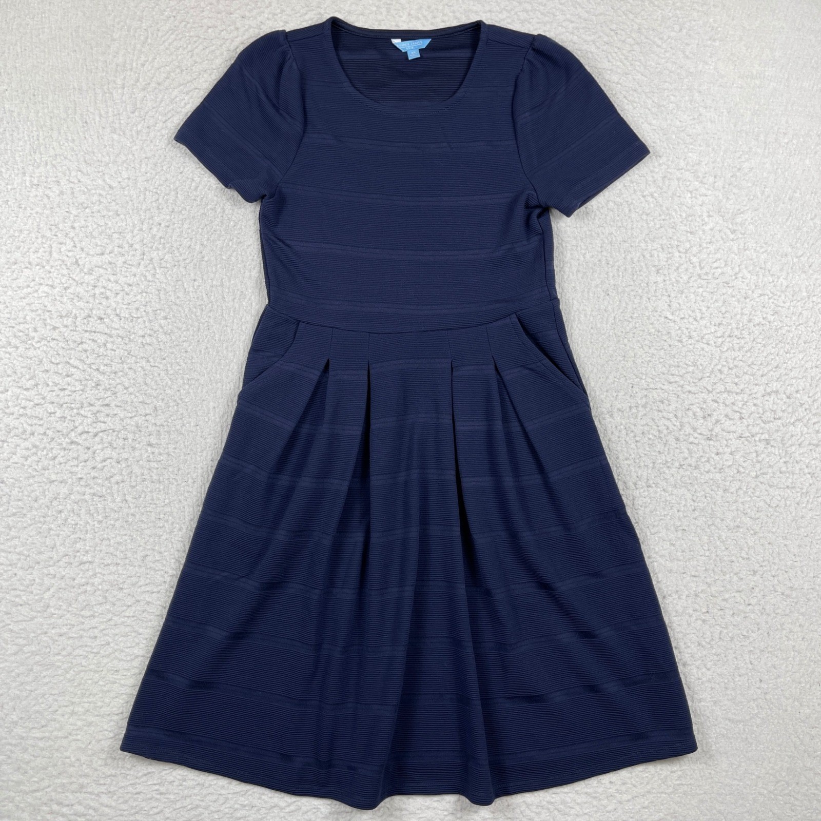 Draper James RSVP Womens XS Navy Textured Fit Flare Dress Short Sleeve Pockets