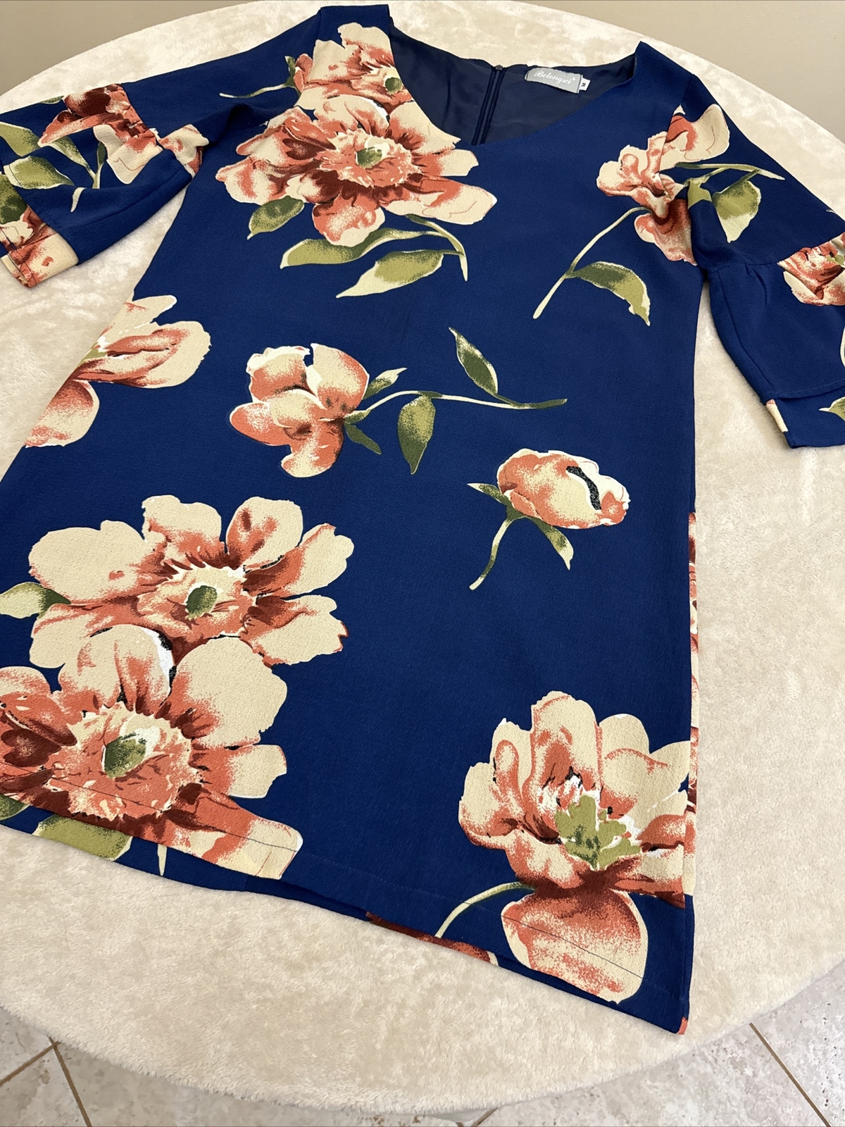 BELONGSCI Womans Navy Blue Floral FLARED SLEEVE Dress Size Medium
