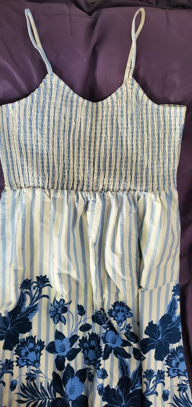 Calypso St Barth Spaghetti Strap Smocked Midi Dress Blue White Tropical Sz L