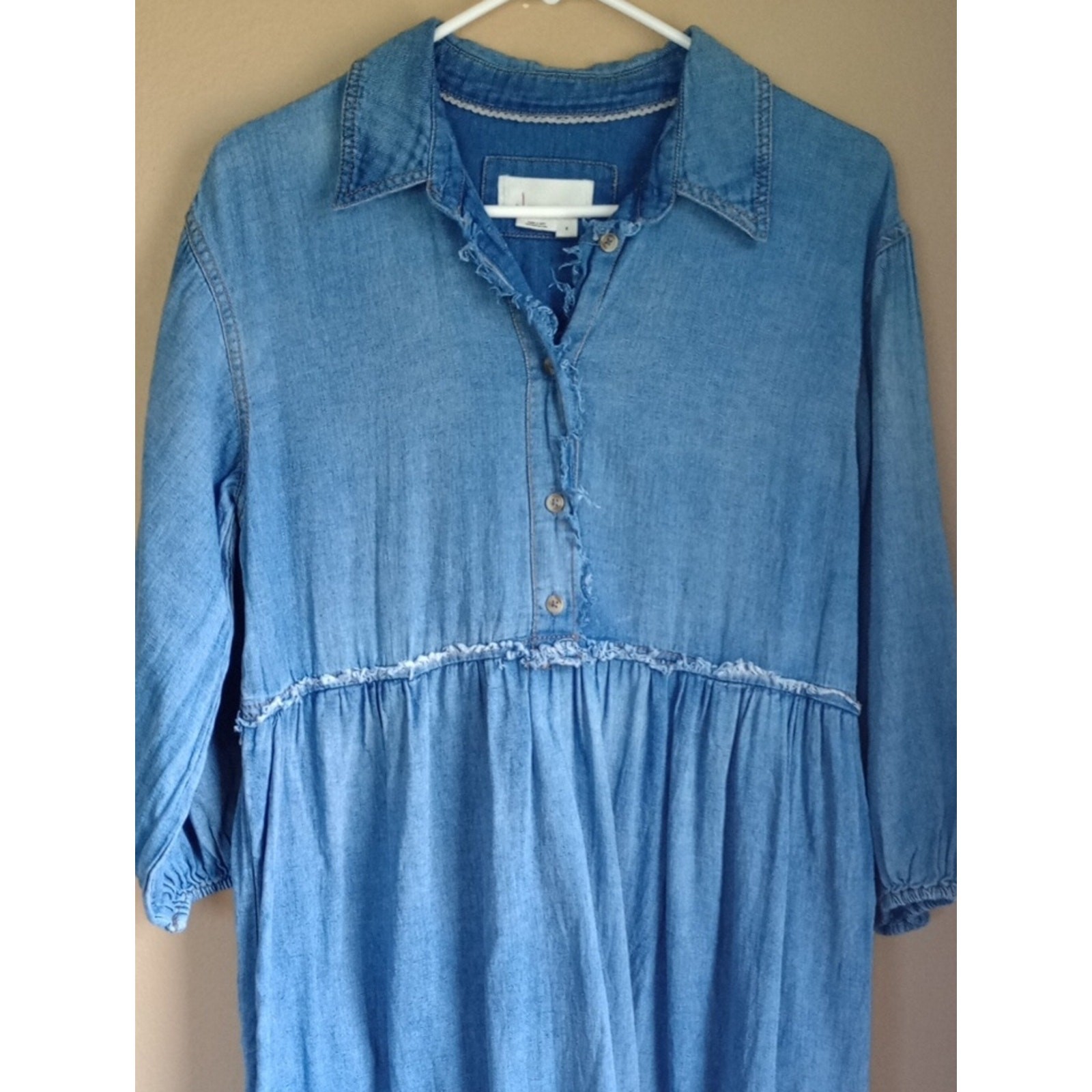 Anthropology Jean Button Front Long Sleeve Distressed Full Maxi Pockets Size S
