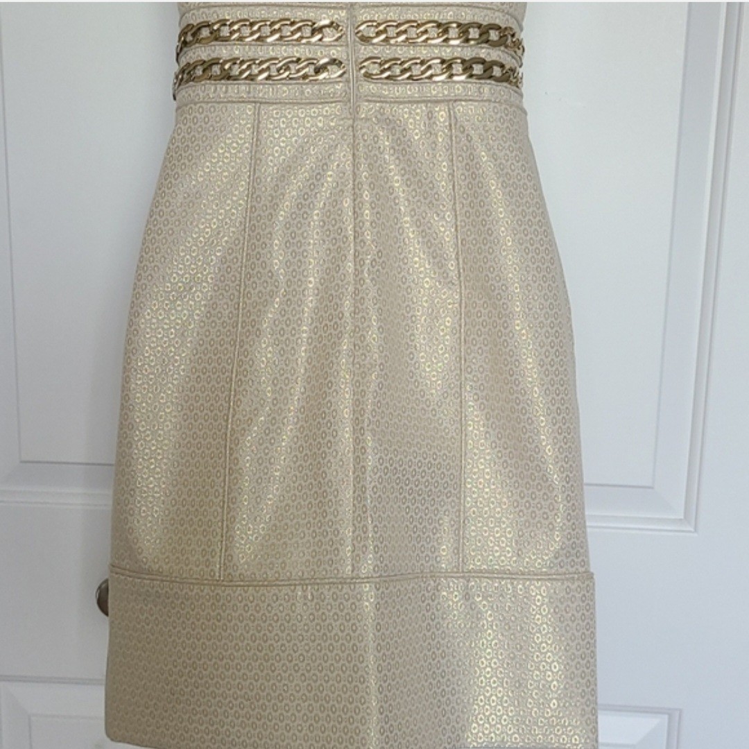 Laundry by Shelli Segal Gold Metallic Jacquard Chain Waist Mini Dress Strapless