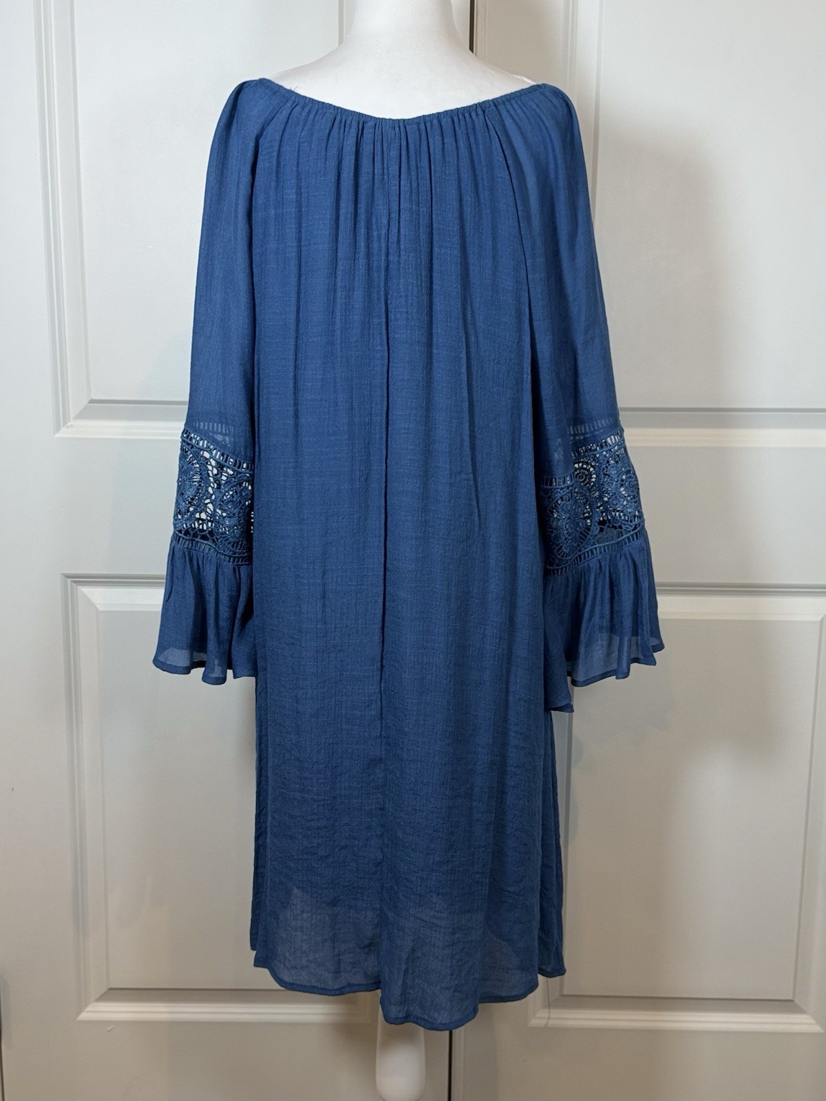 Indigo Rose 2X Blue Boho Peasant Tunic Dress Crochet Bell Sleeve Lined Flowy