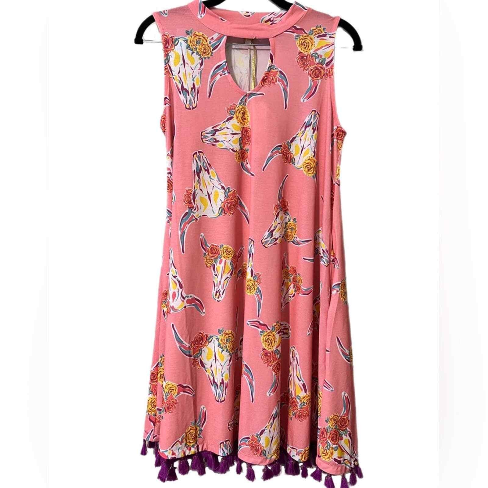 Simply Southern small sleeveless trapeze dress pink cow skulls purple tassels