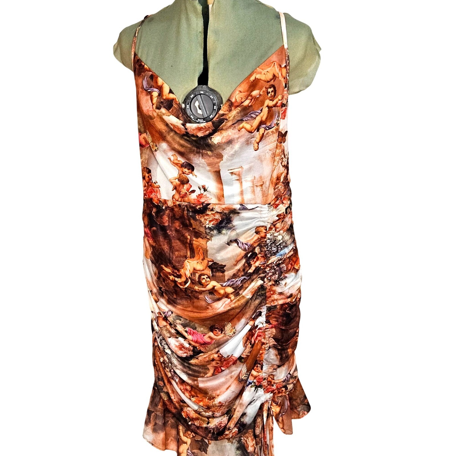 Woman’s Shien whimsy boho-chic cherub art print side ruche razerback midi dress