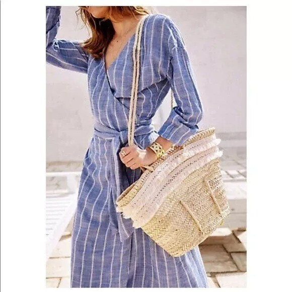 Sezane Robe Laurette Midi Dress Wrap Striped Embroidered Long Sleeve S-36 225