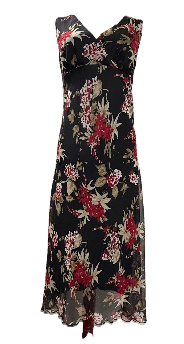 Vtg Meghan Mathews Size 10 Red Black Floral Whimsigoth Midi Dress Y2K 90’s EUC