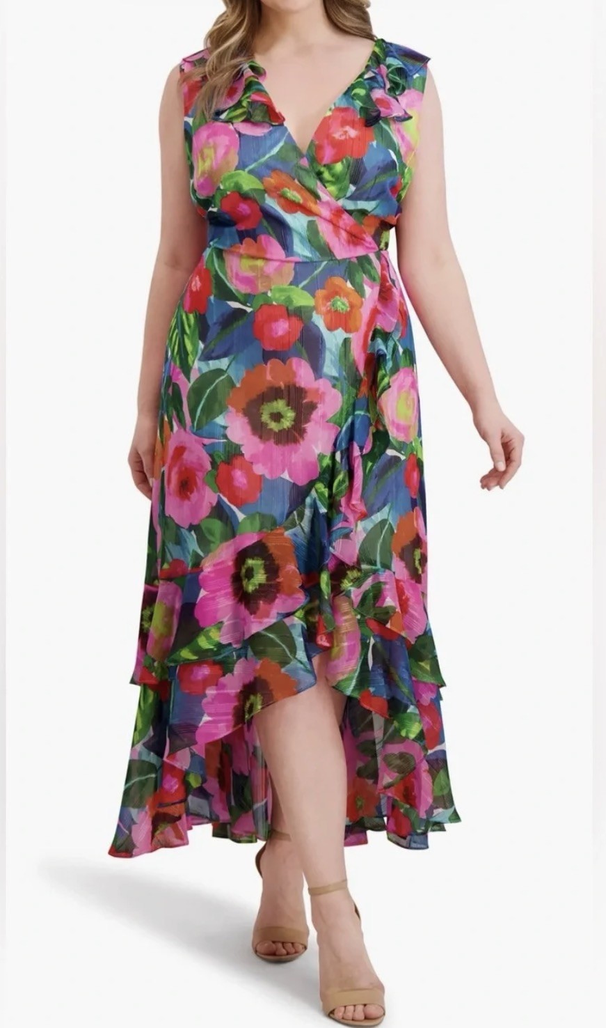 Kensie Women’s Floral Printed Ruffled High-Low Maxi Dress 2XL Multi – NWT